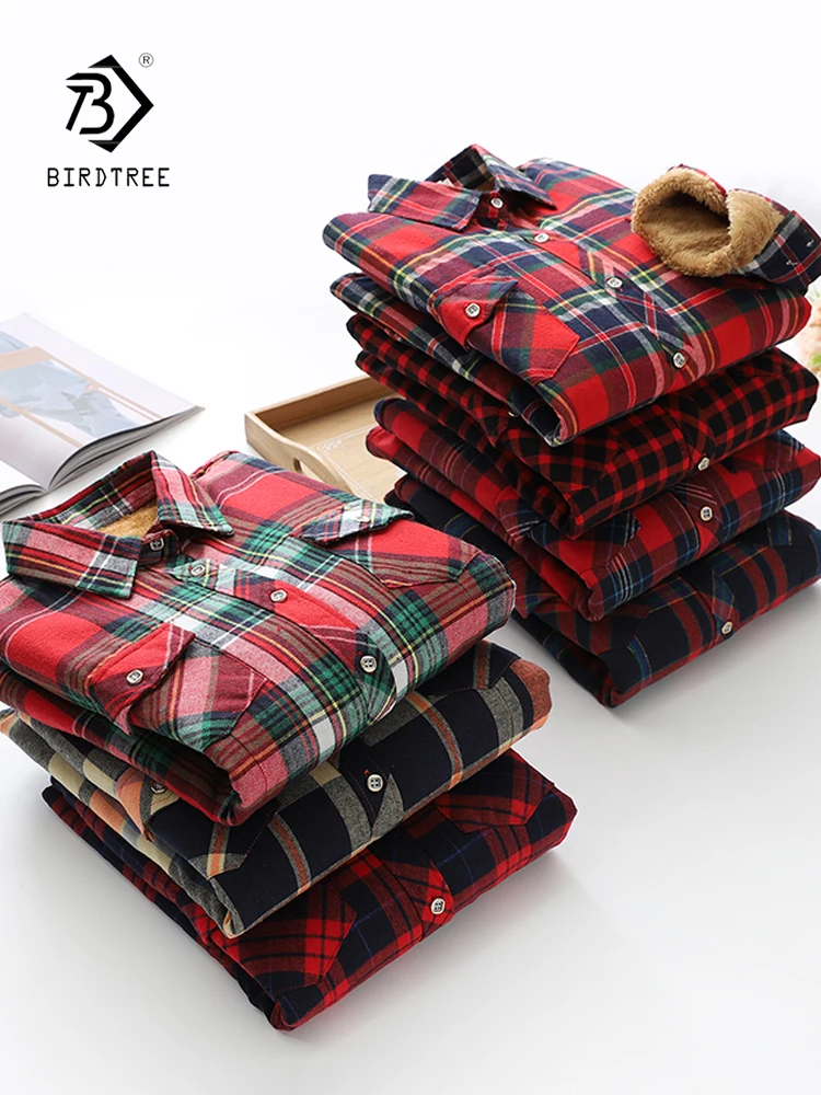 2022 Winter Warm Vintage Plaid Shirt Cotton Plus Velvet Thicken Jacket Turn Down Collar Full Sleeve Outwear Fall Casual Tops C27