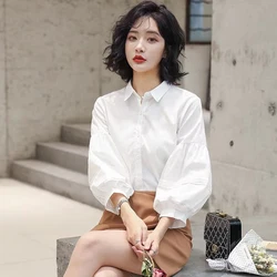 Zoki Sweet Puff Sleeve Women Shirts Summer Korean Casual Grace Turn Down Collar Blouse Fashion Loose Office Lady White Tops New