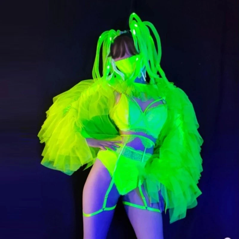 

Nightclub Fluorescent Green Dance Stage Costume Sexy Lace Bikini Pole Dance Clothes Rave Outfit LED Headwear Gogo dance costumes