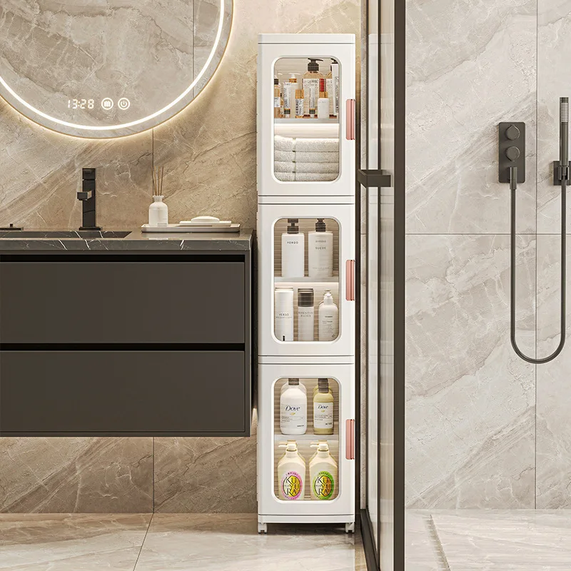 Storage cabinet Narrow slit mobile transparent cabinetCosmetics cabinetKitchen locker Shoecabinet Bathroom storagecabinet Wh