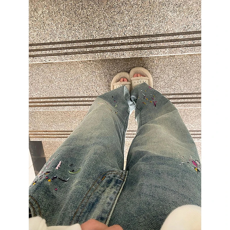 Embroidery Women's Jeans 2026 Spring Autumn Korean Style High Waist Slim-looking Pants 100% Cotton Straight Wide Leg Trousers