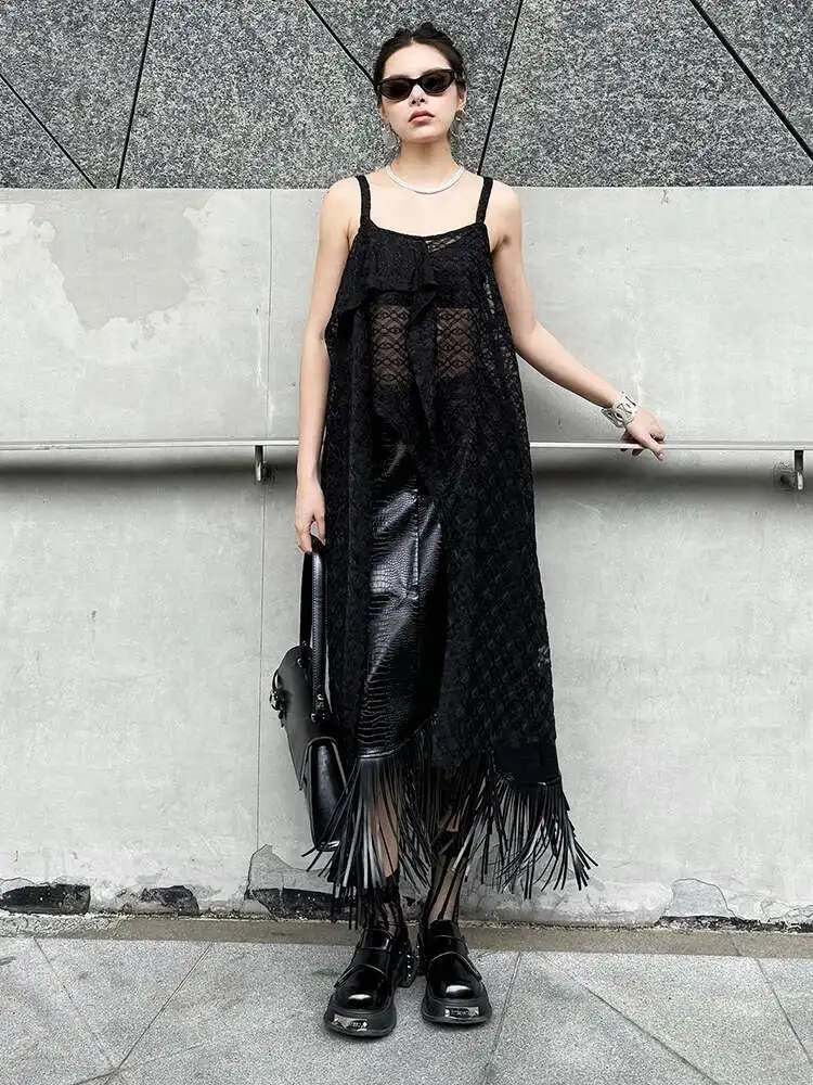 Women Black Lace Irregular Spaghetti Strap Dress New Square Collar Sleeveless Fashion Tide Spring Summer