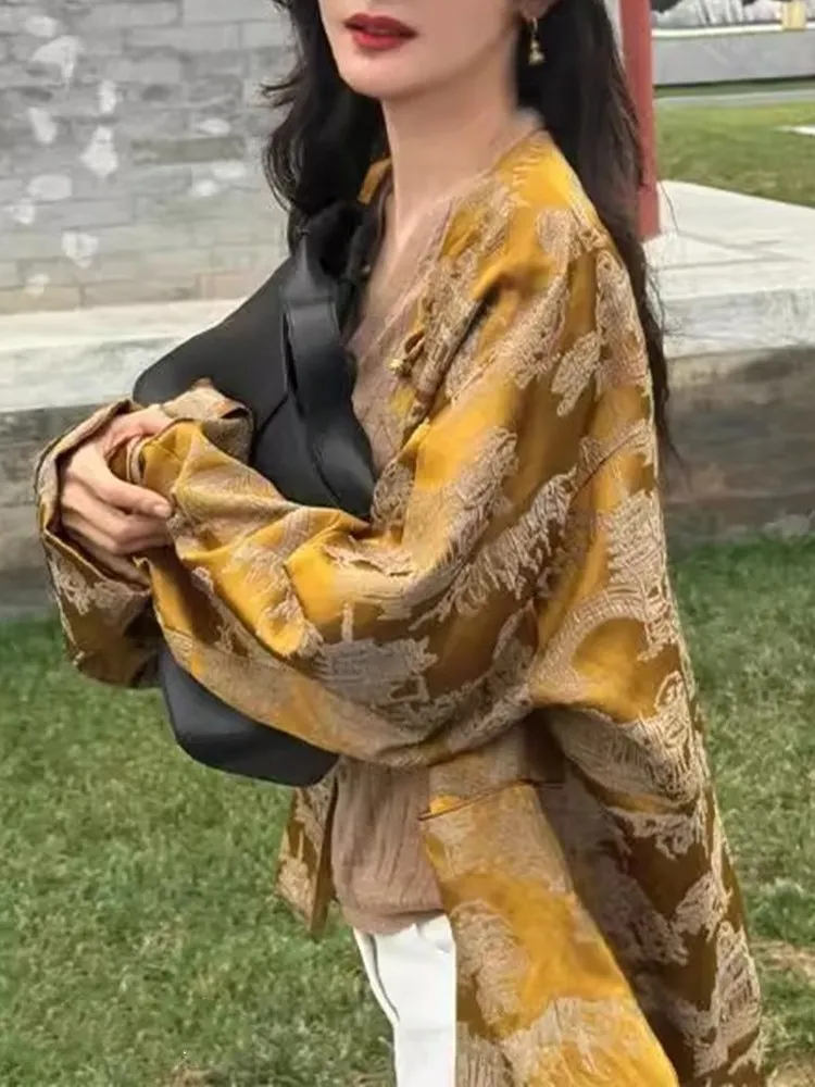 

Женский модный топ-жакет в китайском стиле с золотой вышивкой, длинный, из полиэстера и вискозного волокна, стандартный крой, пальто