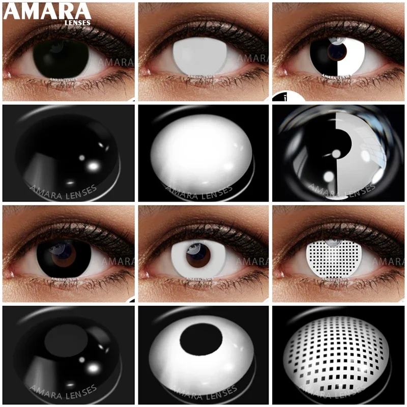 AMARA-Cosplay Color Lentes de Contato para Olhos, Anime, Lentes Cosméticas, Branco e Preto, 1 Par