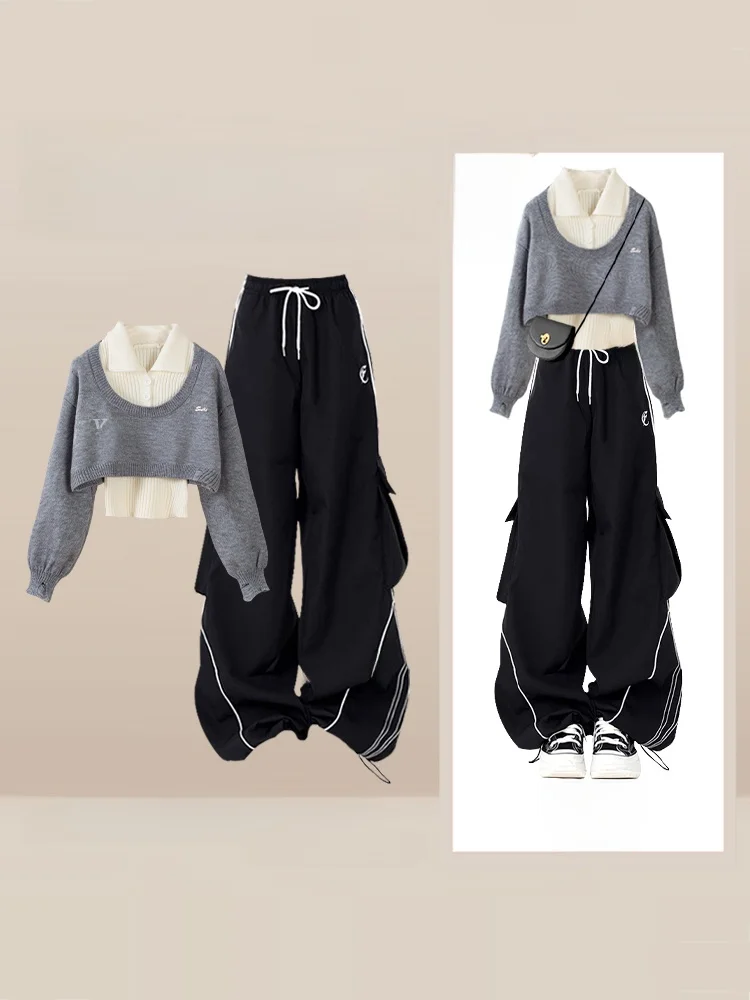 

Winter Sporty Knitwear Set with Drawstring Wide Leg Pants Color Block Casual Outfit High Waist Long Sleeve round Neck Top