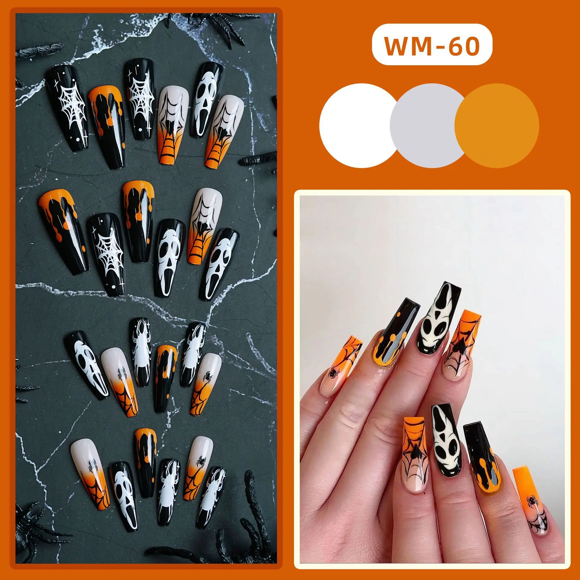 24pcs White Skull Press on Nails Black Long Ballet Halloween Fake Nail Patch Full Cover Wearable Ghost Skull False Nail Tips