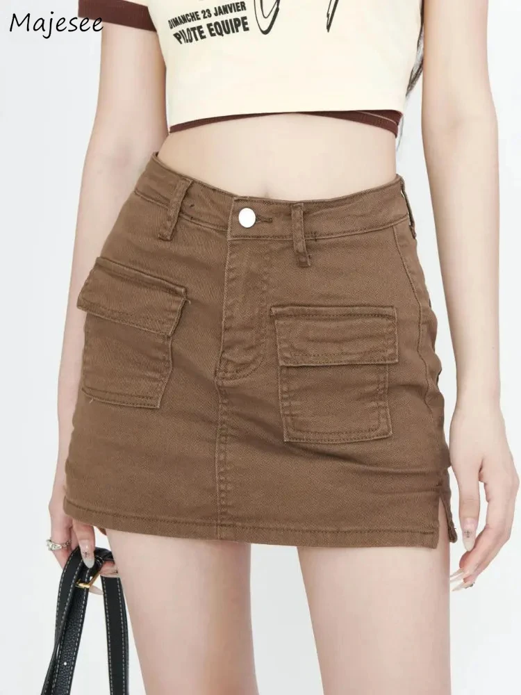 

Мини-джинсовые юбки для женщин с карманами, универсальные, повседневные, стираные, повседневные, старые, винтажные, летние, в стиле Ulzzang, модные, однотонные Юбка