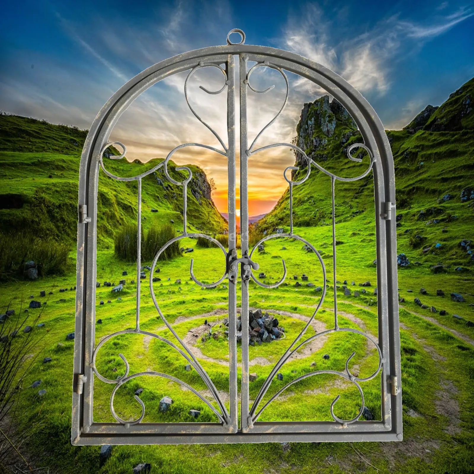 Metall-Wanddekoration für Außenbereich, Bogenförmiges Fenster, Eisen-Wandskulptur, Landhaus-Wandornament für Garten und Eingangsbereich