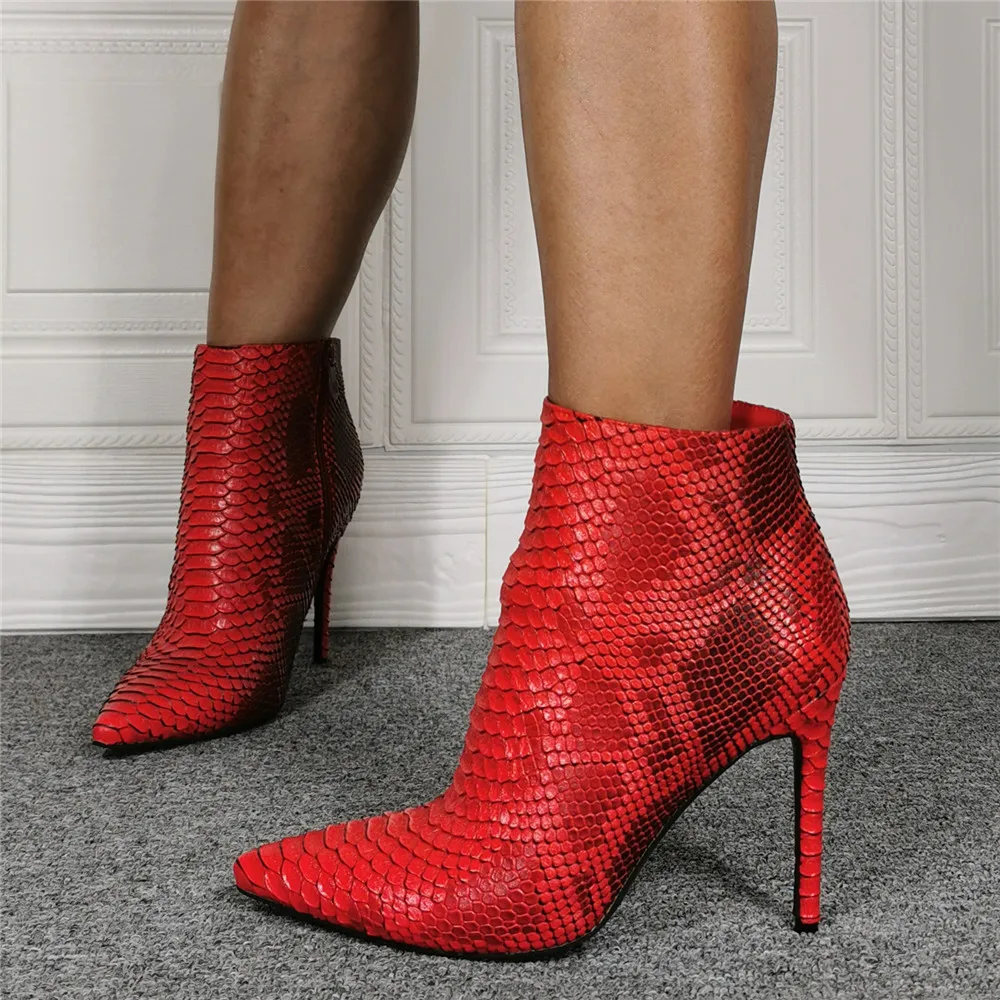 

Sexy Crocodile Skin Woman Red Ankle Boots Pointed Toe Stiletto High Heels Side Zipper Short Boots Shoes