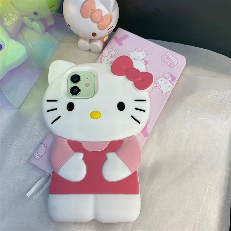 Sanrio 3D Stereoscopic Hello Kitty Cases For iPhone 16 15 14 13 12 11ProMax Mini XR XS 8Plus Soft Silicone Shockproof Back Cover