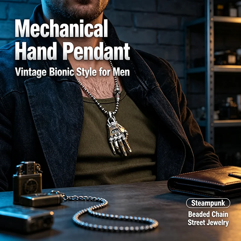 Vintage Bionic Robot Hand Pendant Necklace Men Hip Hop Movable Finger Joints Palm Bead Chain Gothic Streetwear Jewelry