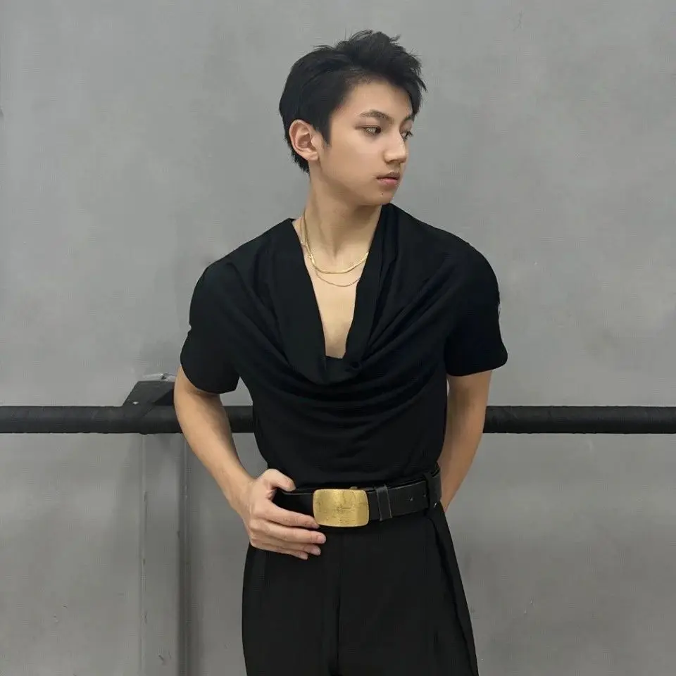 

New V-Neck Black Short-Sleeved Swing Collar Shirt National Standard Latin Dance Top Practice Clothes Men Latin Costumes DN20813