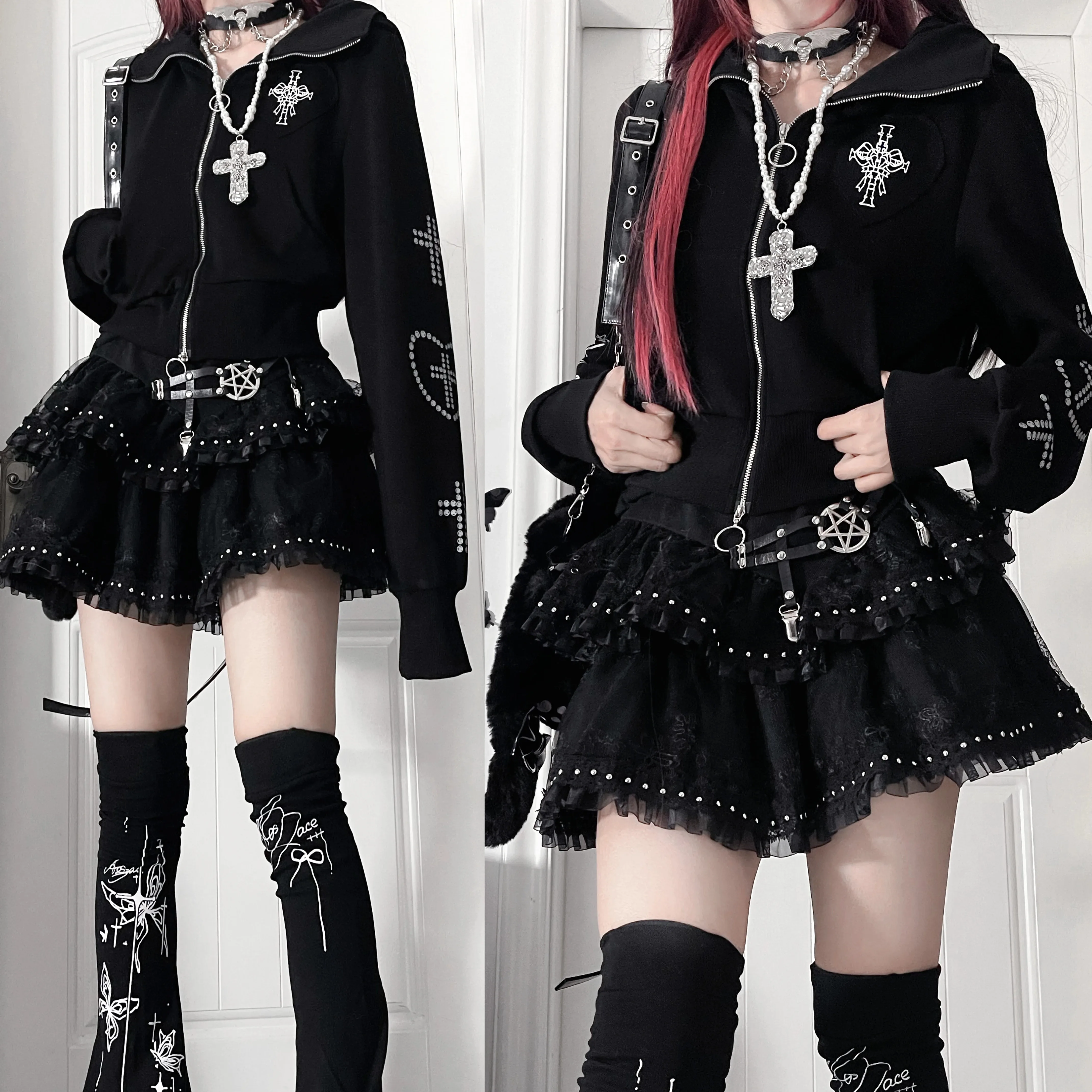 Original Subculture Gothic Black Zipper Hooded Cardigan Jacket Autumn and Winter New Girls' Sweet Cool Slim-Fit Y2k Short Coat