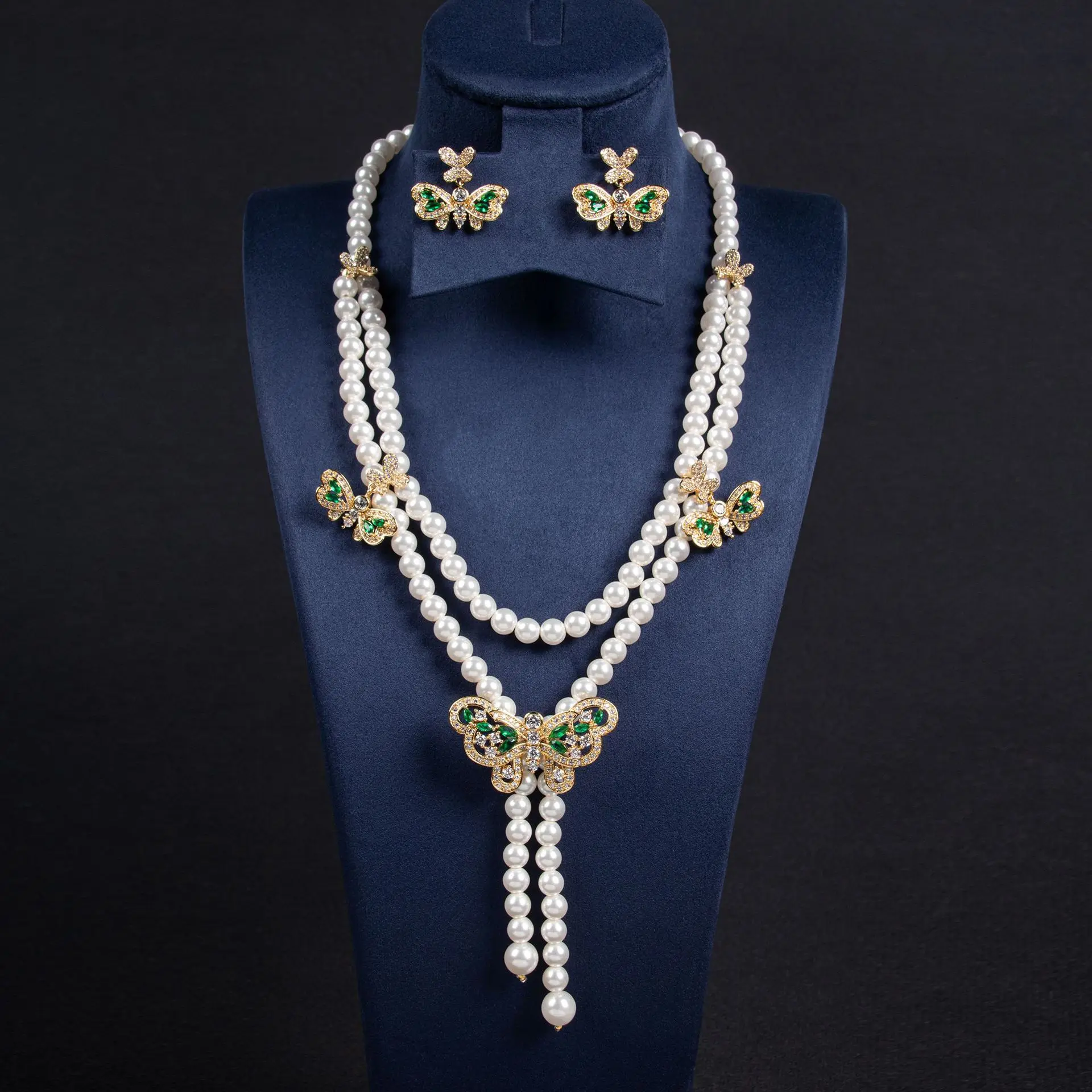 Nuovo vestito accessori collana orecchini set impilare doppia perla farfalla pendente festa cena matrimonio sposa M-243