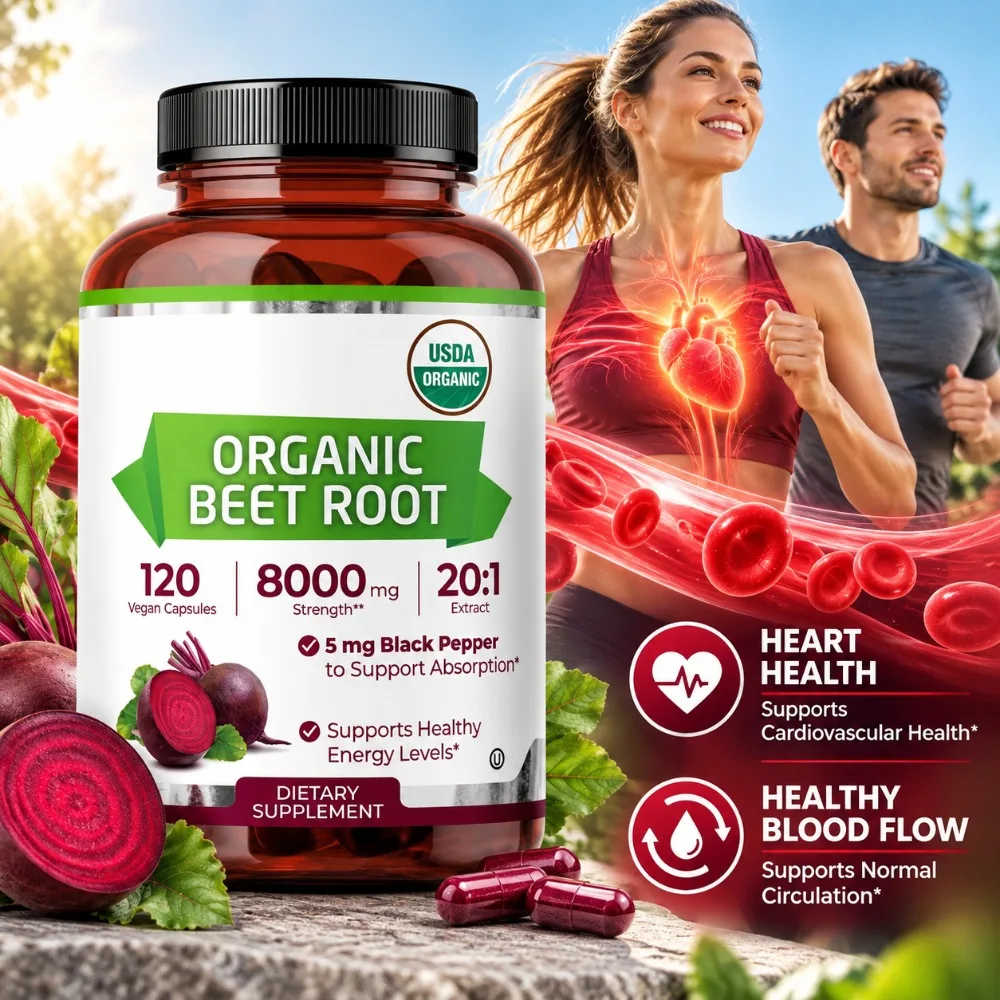 Organic Beet Root Capsules 8000mg for Healthy Blood Flow & Heart Health, 20:1 Beetroot Extract with Black Pepper, 120 Vegan Caps