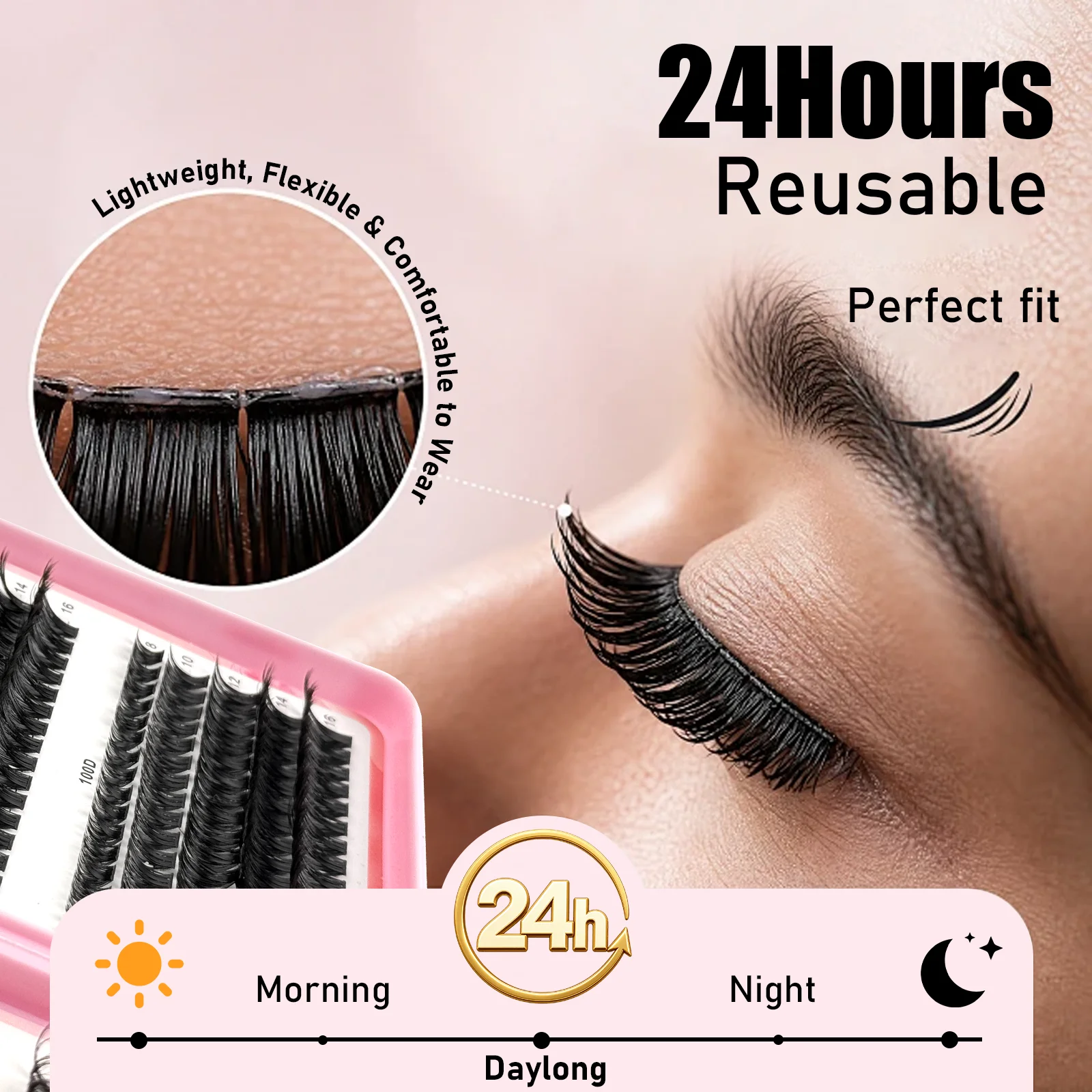 570pcs DIY Cluster Lashes Kit Mixed Length 8-16mm 30D-100D Wispy Volume Eyelash Extensions Soft Lightweight Natural