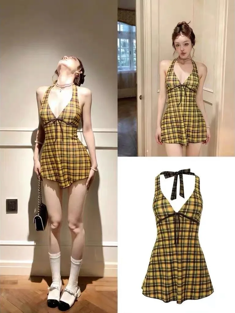 Alice Bikini Swimsuit Women's New 2026 Slimming Concealing Retro Neck Hanging Skirt Style Vacation High-End Feeling Hot Spring
