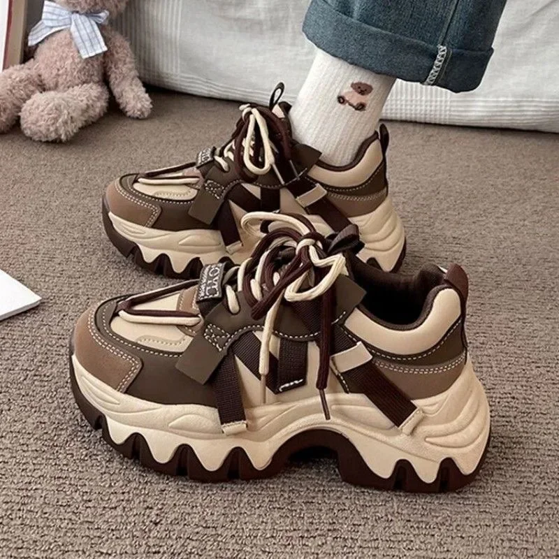 Damskie grube platformy buty wulkanizowane jesienne nowe modne buty do biegania na co dzień dla kobiet trampki sznurowane sportowe buty na co dzień
