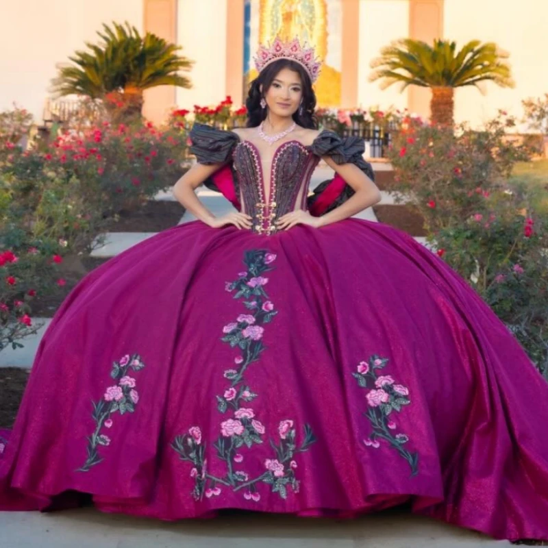 

Rose Red Shiny Quinceanera Dresses Off The Shoulder Applique Lace Beading Tull Corset Party Birthday Sweet 16 Dress Vestidos 15