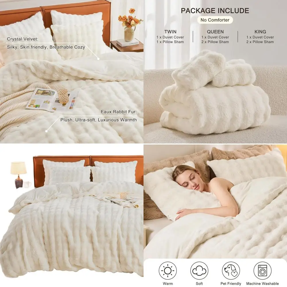 

Роскошный комплект пододеяльников из искусственного меха King Size, пушистое уютное постельное белье из трех предметов, кремово-белый