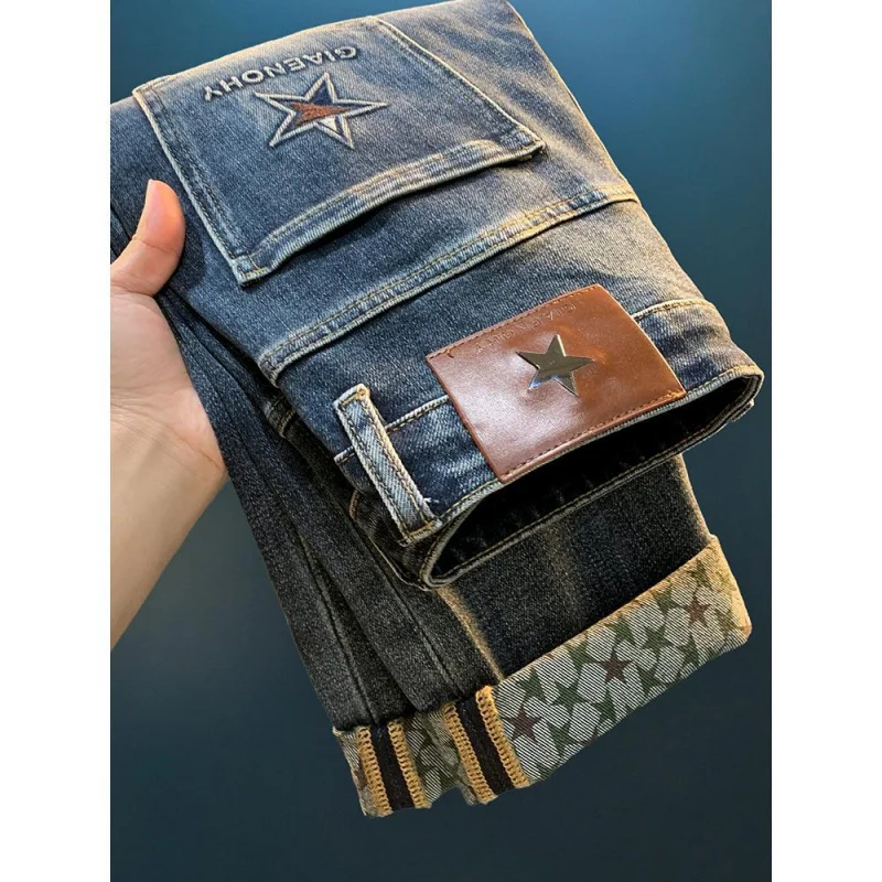 

New Trendy Brand Distressed Washed Distressed Denim Jeans For Men Slightly Loose And Casual With Full Printed High-End Pants