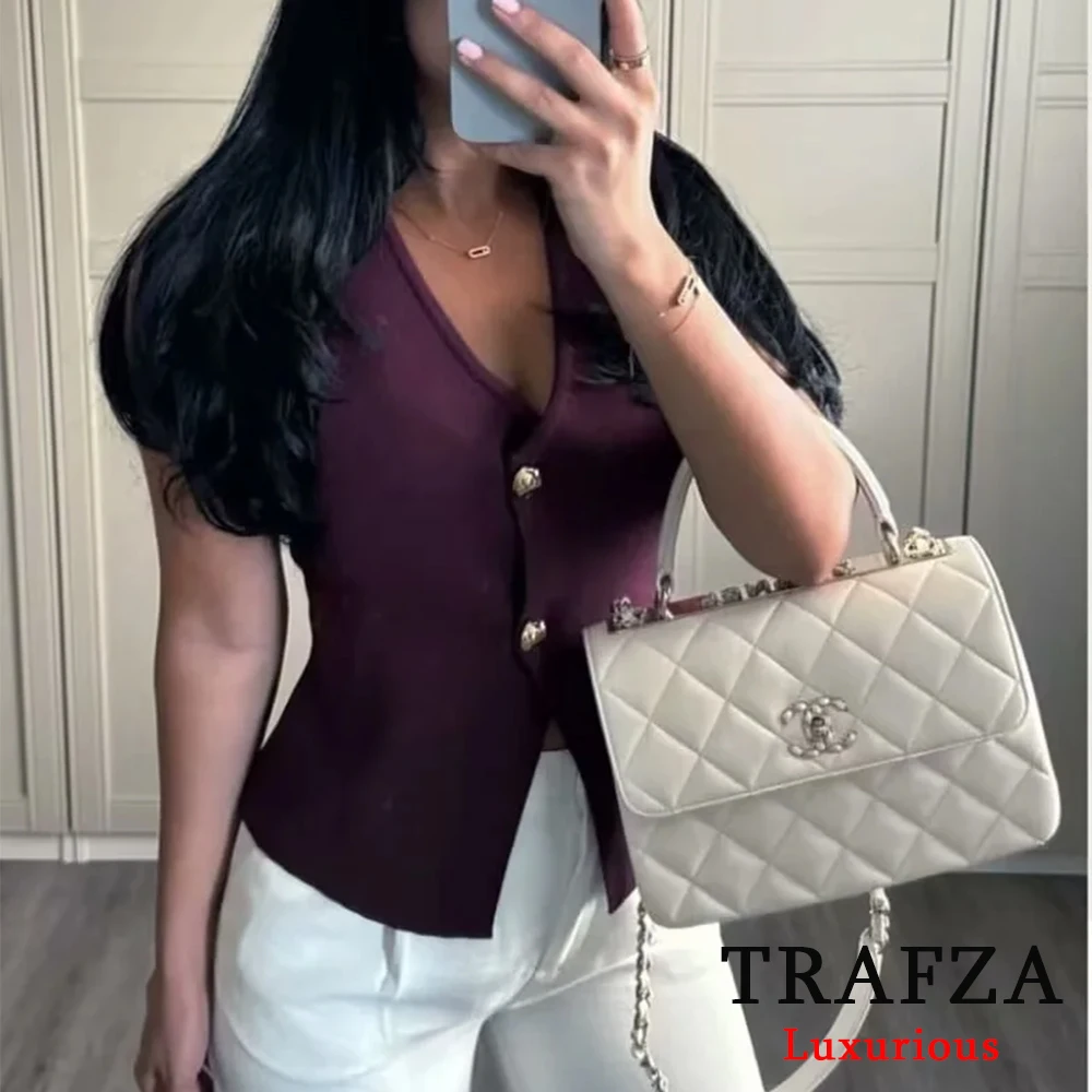 TRAFZA Casual Solid Red Knitted Women Sweater Vest V Neck Split Gold Buttons Sleeveless Cardigans Fashion 2024 Autumn Winter Top