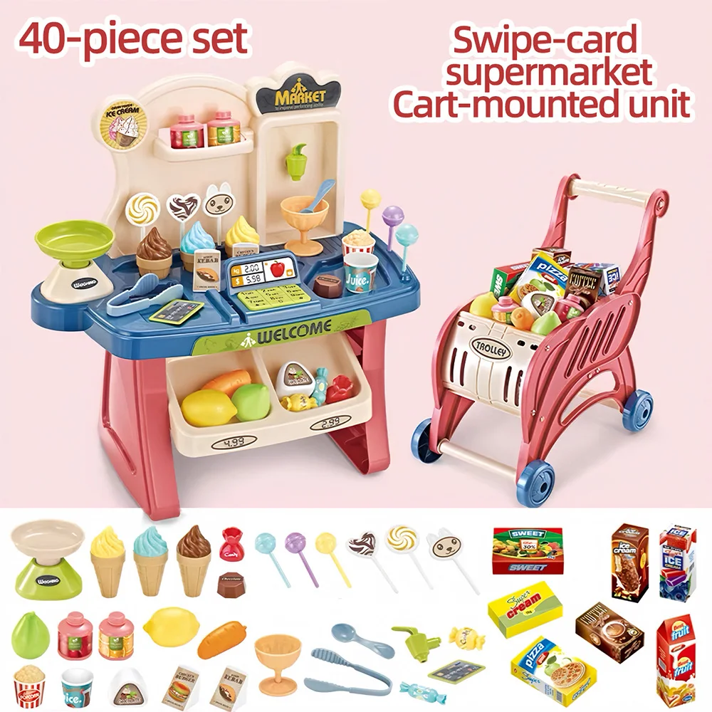 

Kids Role Play Supermarket Shopping Cart Toy with Trolley and Food Set 40PCS Simulation Dessert Playset Gift for Girls Boys