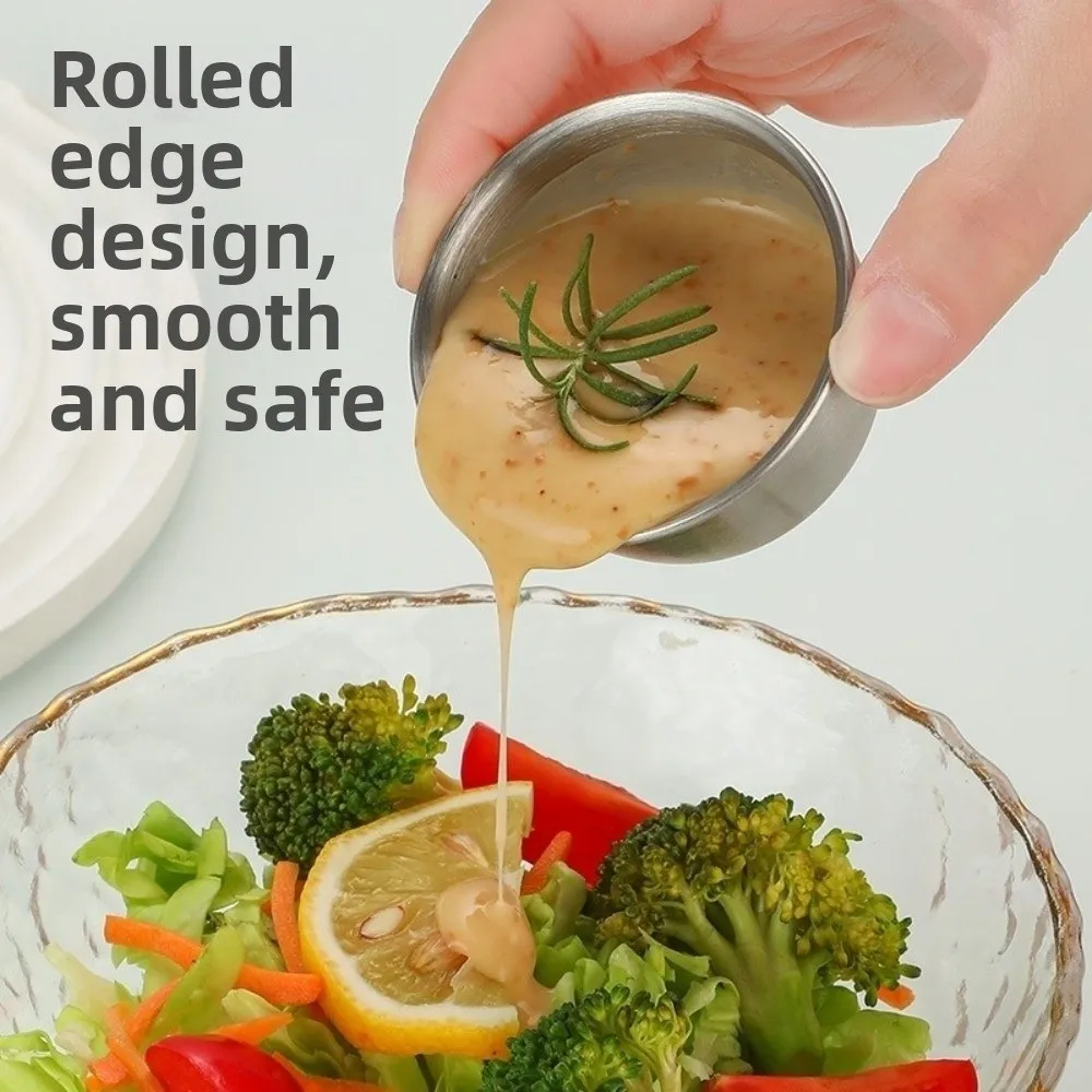 1/6PCS Plastic Lids Dipping Sauce Cups Reusable Round Shape Stainless Steel Bowls 40ml Portable Mini Sauce Dish Sauce Serving