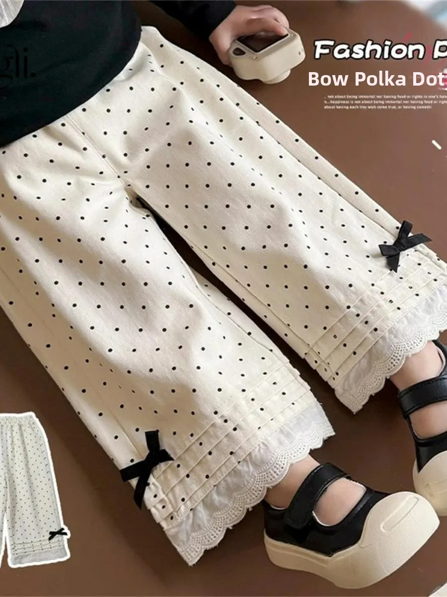 여아용 물방울무늬 러플 와이드 레그 팬츠 2025년 여름 신상 한국 스타일 패셔너블 베이비 캐주얼 다용도 롱 팬츠