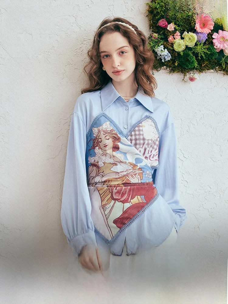 

Retro Print Patchwork Belted Fake Two-Piece irt Women's Spring 2026 Tee Two Things Intense Holiday Breathable Long Sve