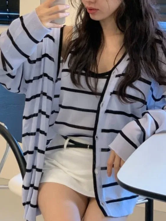 Chic Long Sleeve Knitted Open Cardigan Women's Slimming Inner Tank Top Fashionable Two-Piece Set Loose Fit Striped Pattern