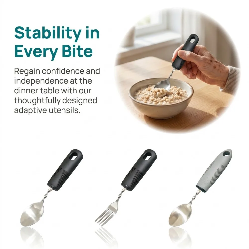 3Pcs Stainless Steel Adaptive Eating Utensils Bendable Textured Handle Spoon Fork Set Portable Non-Slip