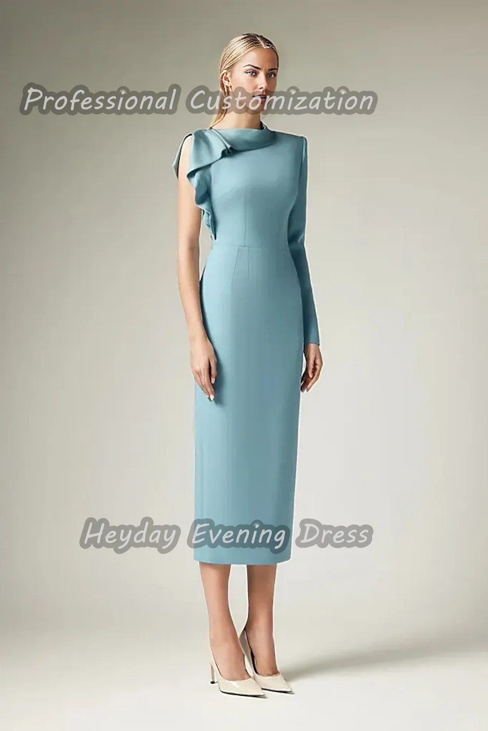 Heyday السعودية One Shoulder Ruffle Prom Gown Straight Crepe Long Sleeves Tea Length Elegant Dress For luxurious Woman 2024