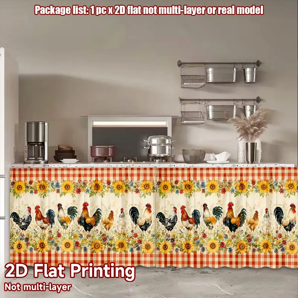 2D flat 1pc Bohemian style short curtains Farm Roosters and Sunflowers Digital printing Storage shelves for study and living