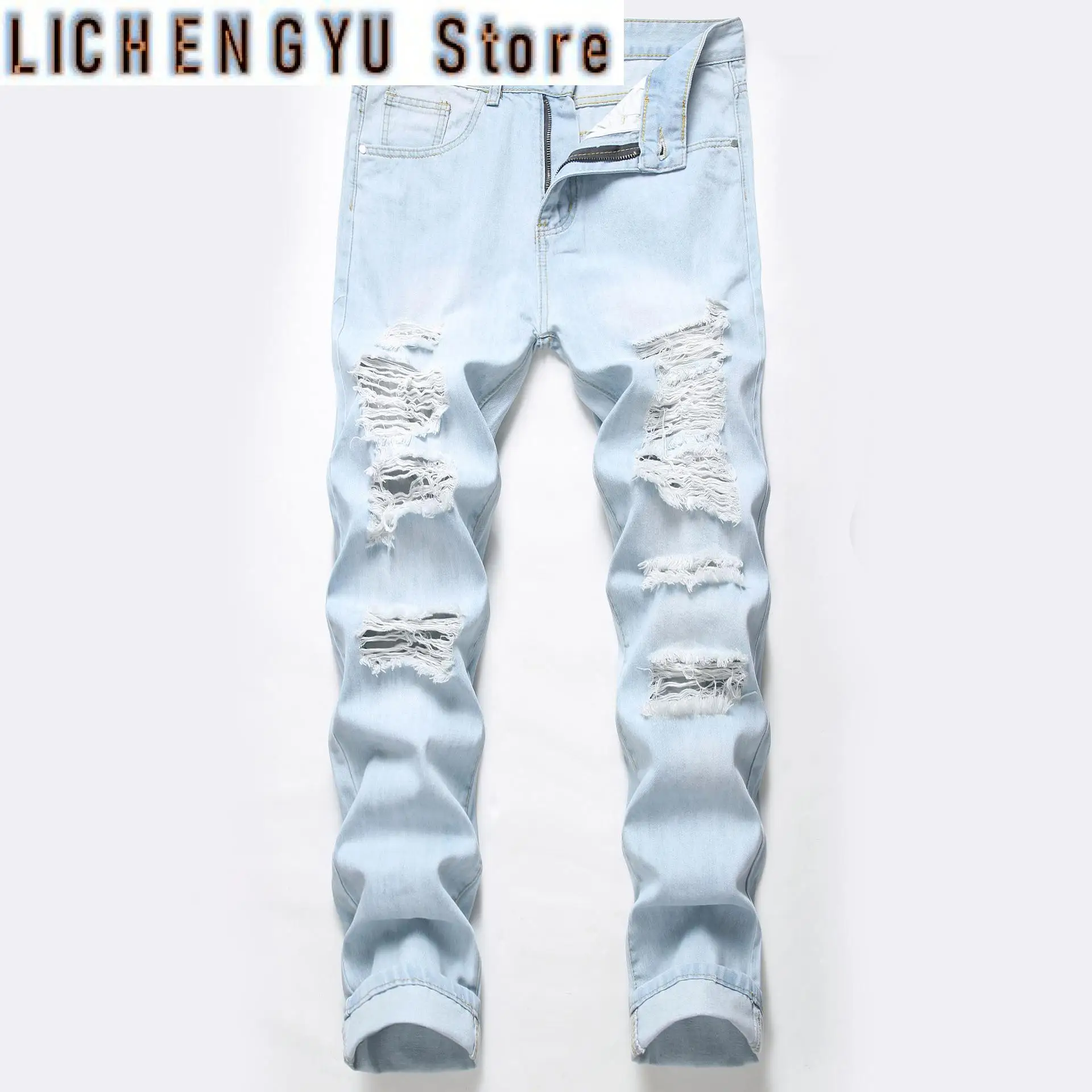 

Стильные мужские рваные повседневные джинсы длиной до колена, светло-голубые неэластичные прямые узкие джинсовые брюки в стиле хип-хоп, мужские