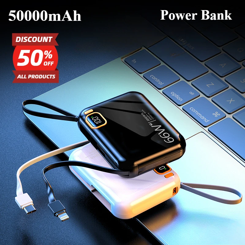 

New 50000mAh Portable Power Bank Large Capacity Cable Two-Way Fast Charging External Battery Charger for iPhone Samsung