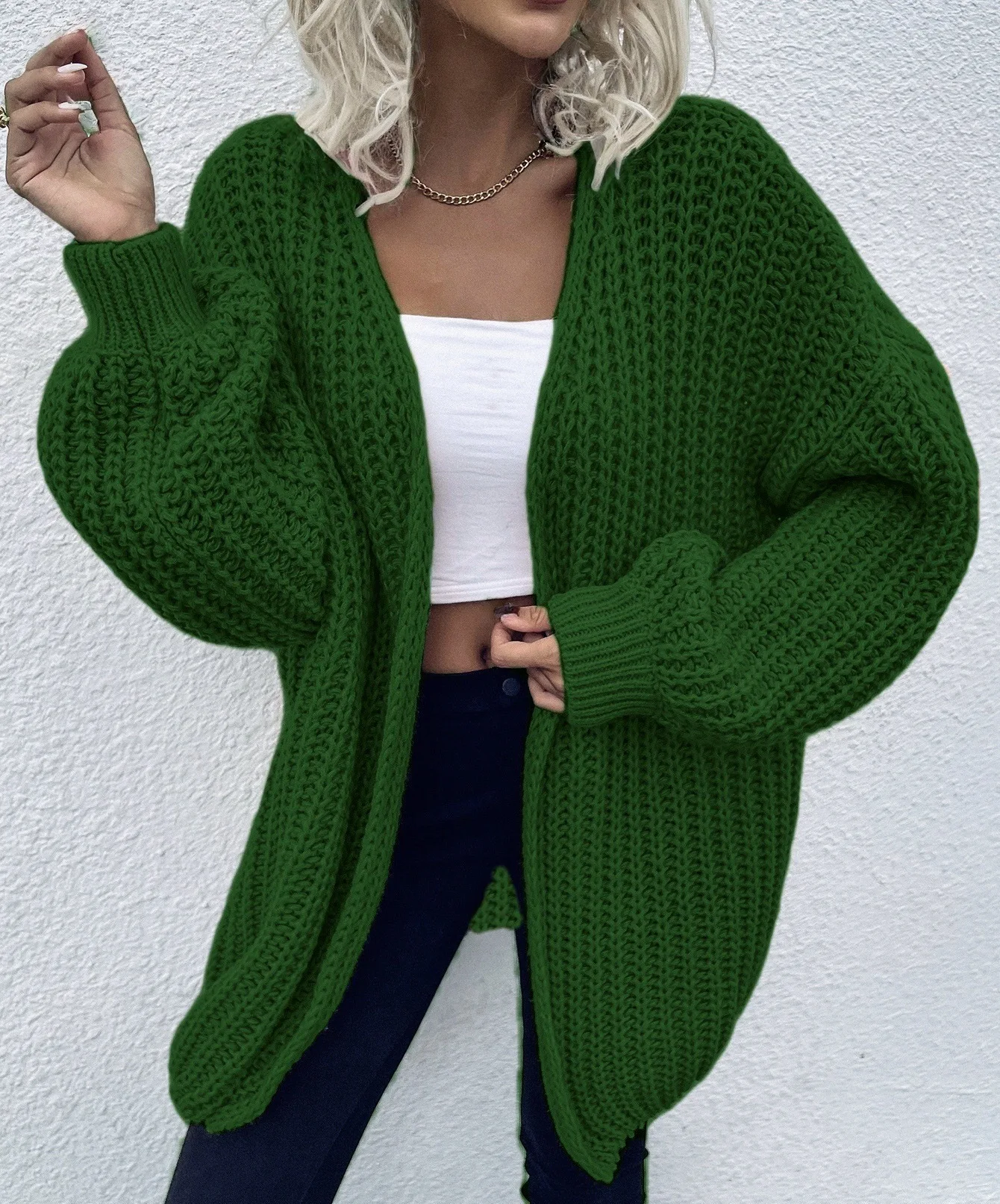 Strickjacke, Pullover für Damen, solide Pullover, V-Ausschnitt, Puffärmel, offener Stich, lockere Passform, lässig, Bürodame, 2025, Herbst und Winter