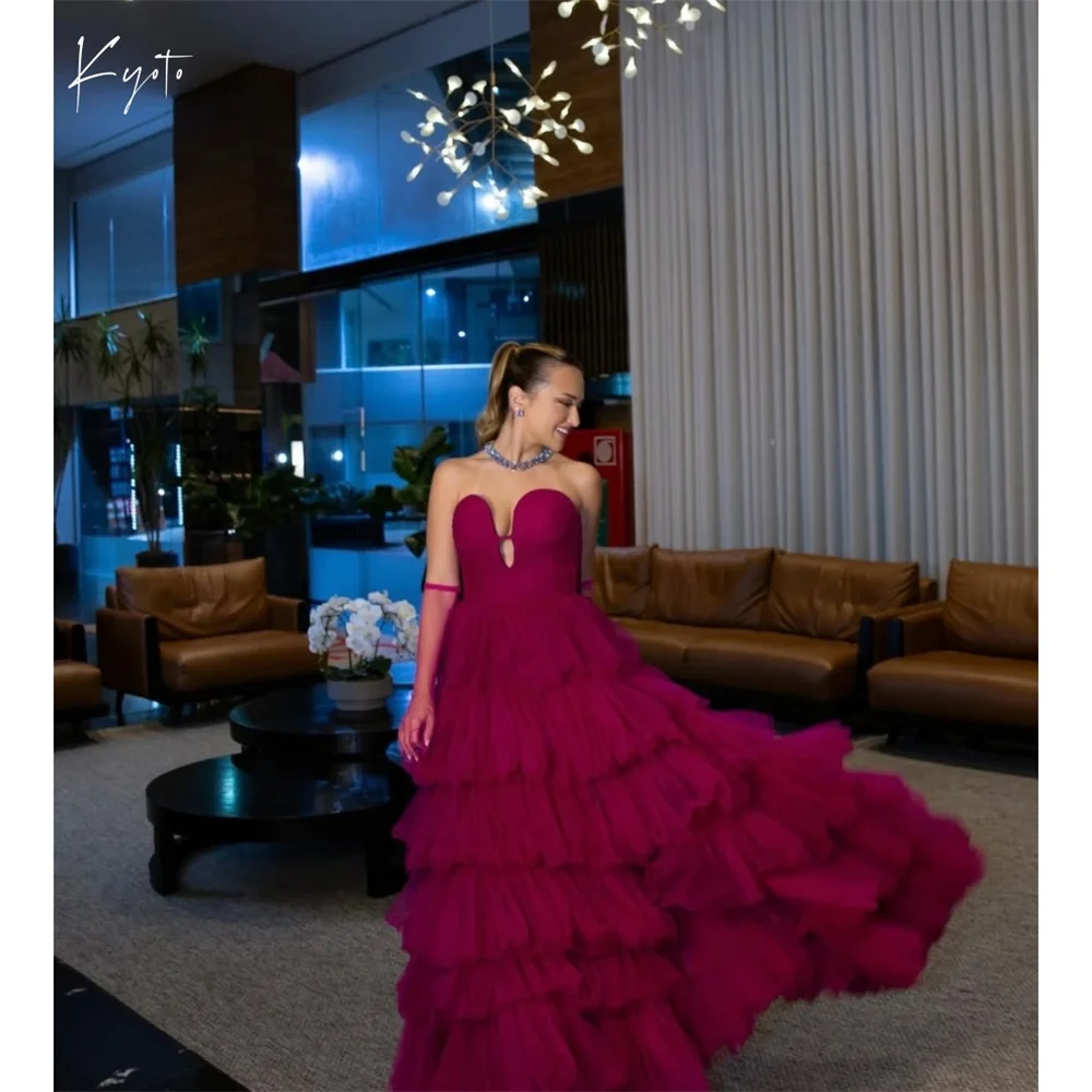 

Kyoto Burgundy Tiered Ruffle A-line Prom Dresses Sweep Train Customized فساتين سهرات Detachable Sleeves robes de soirée