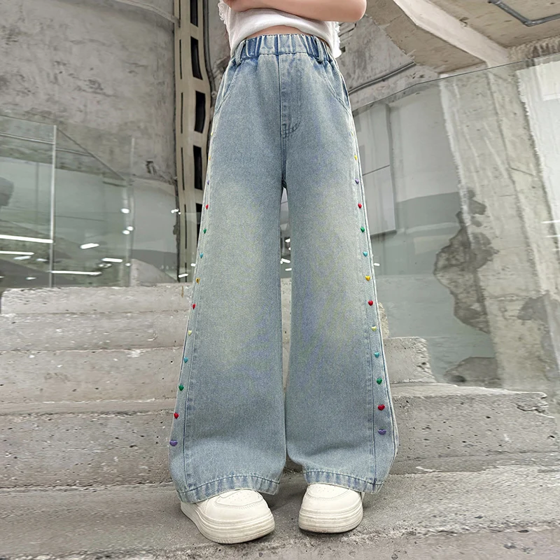 New Arrival Kids Causal Loose Fit Jeans Pants with Heart Embroidery for Child Girl Vintage Blue Fashion Denim Trousers Age 5-14T