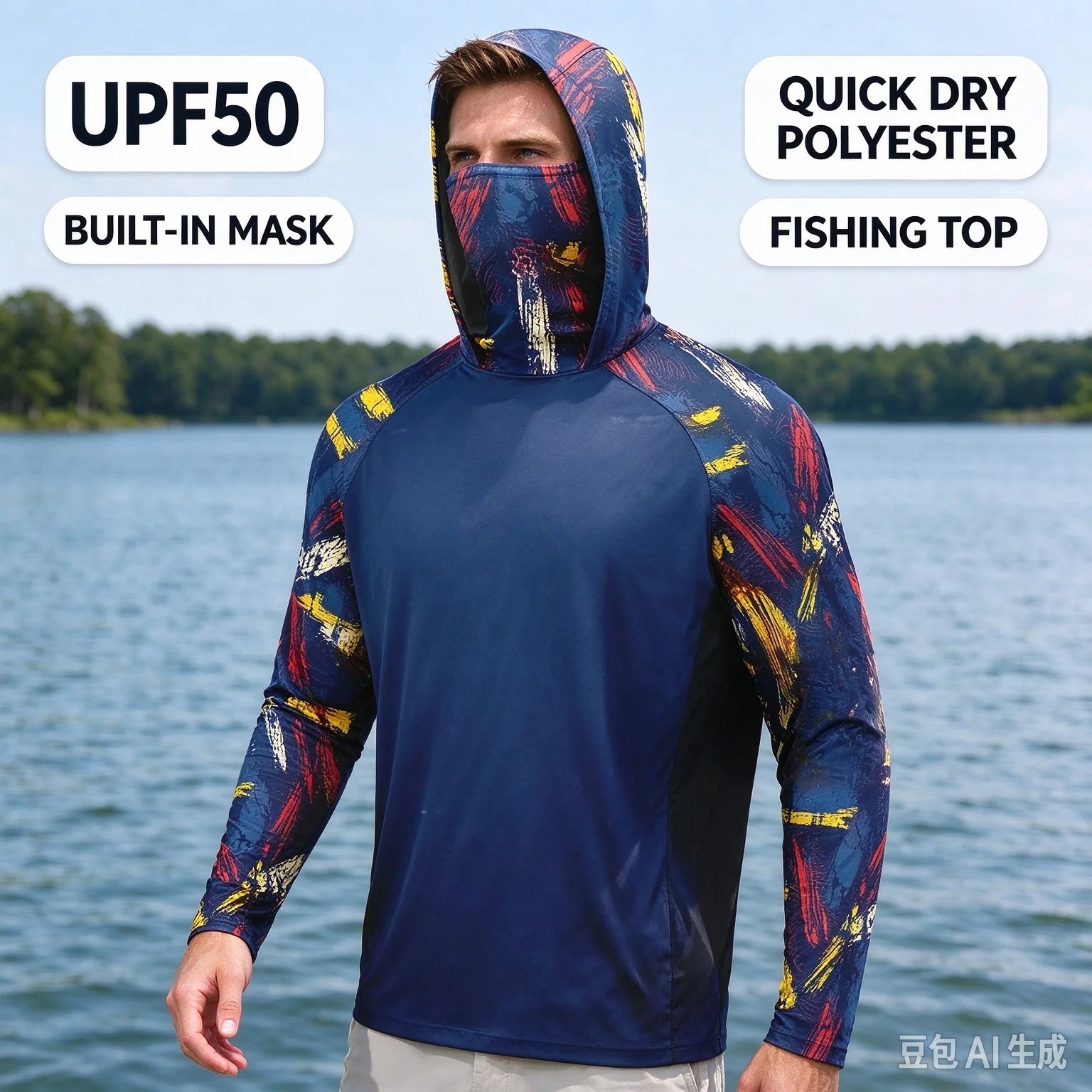 Unisex Printed Fishing Hooded Shirt UPF50 UV Protection Built-in Face Cover Polyester Quick Dry Long Sleeve Outdoor Fishing Wear