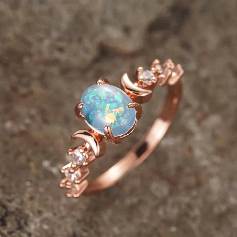 Huitan Blue/White Imitation Opal Moon Ring - Detail 3