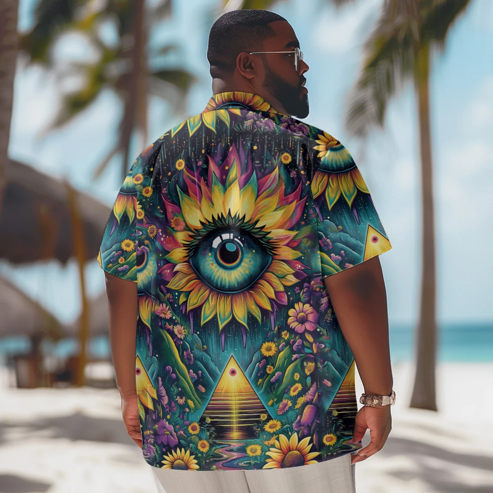 New Hawaiian Shirt Men Goth Men Sunflower Pyramid Gaze Printed Casual Short Sleeve Tops Vintage Plus Size Summer Shirts