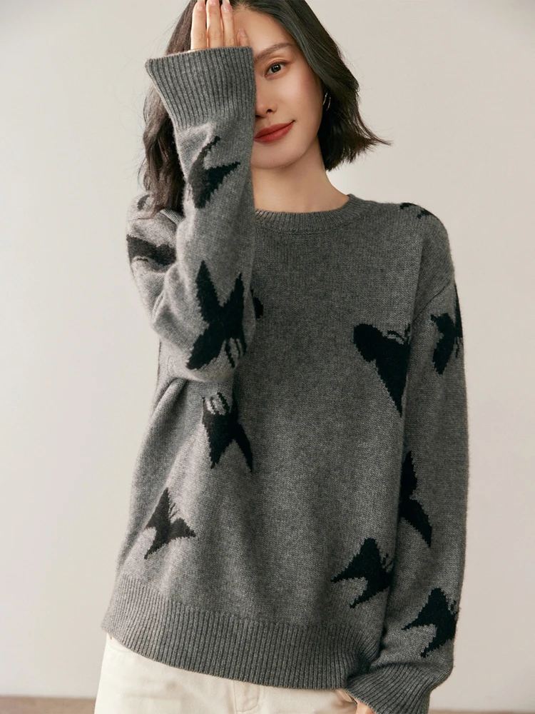 Chic Autumn Winter Women's 100% Cashmere Sweater O-neck Long Sleeve Pullover Thickened Cashmere Knit Jumper Casual Clothes Tops