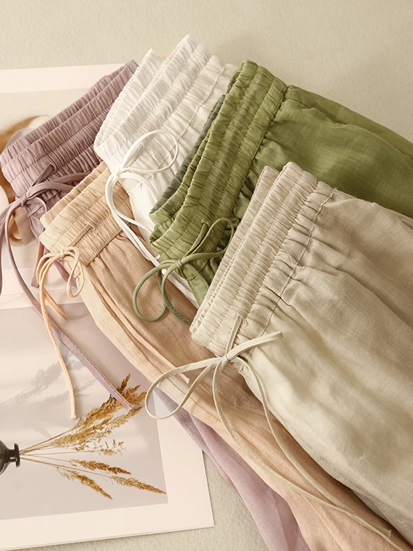 بنطلون واسع الساق بطبقتين للنساء بخصر مطاطي مريح ومتعدد الاستخدامات وفضفاض لموسم الربيع بخصر عالٍ