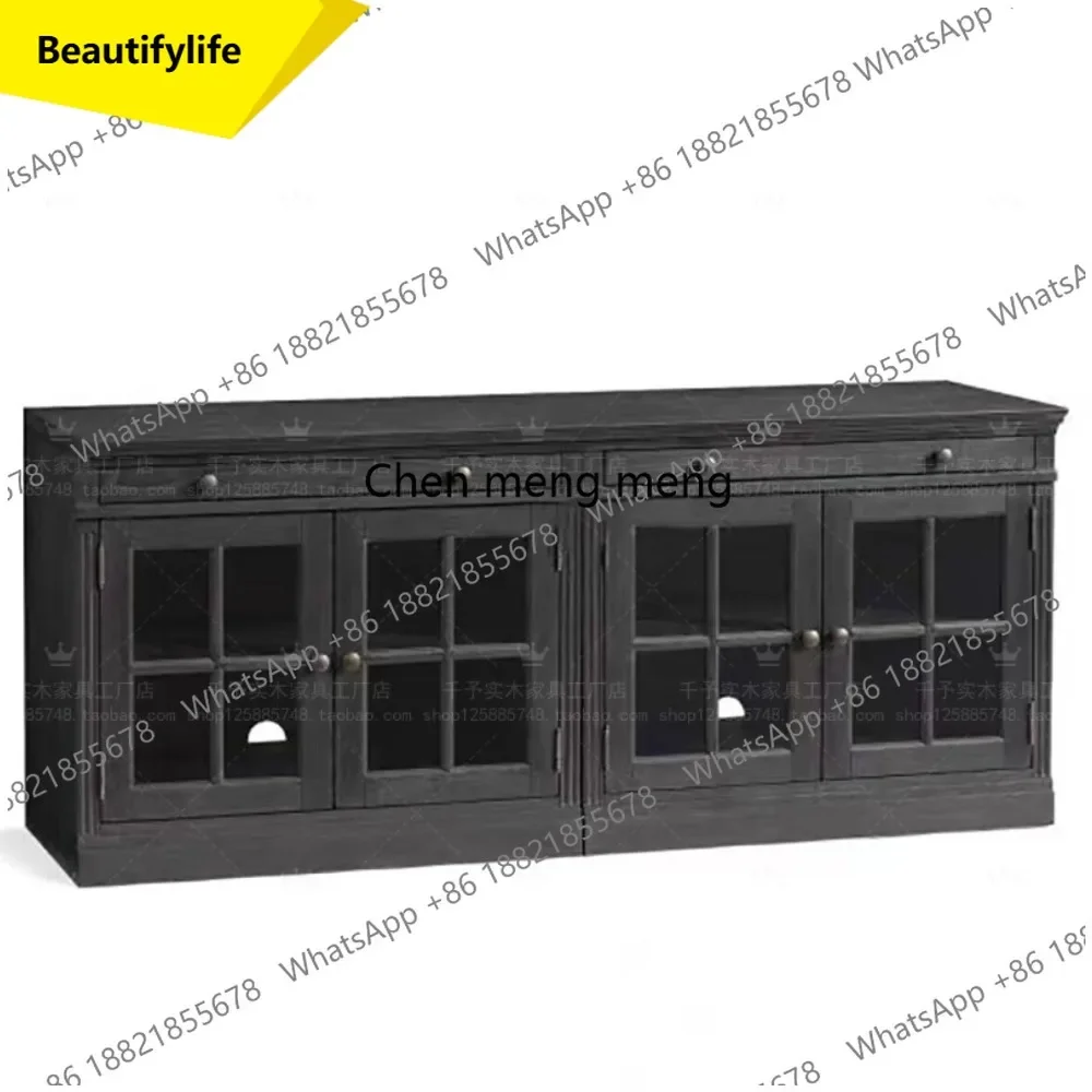 6239  French retro American simple solid wood storage glass door three drawers TV cabinet