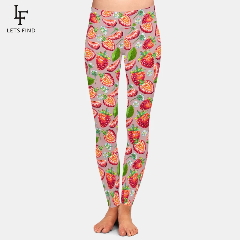 LETSFIND Fashion Fruit Printing Strawberries and White Flowers Pattern Women Pants High Waist  Fitness Elastic Leggings