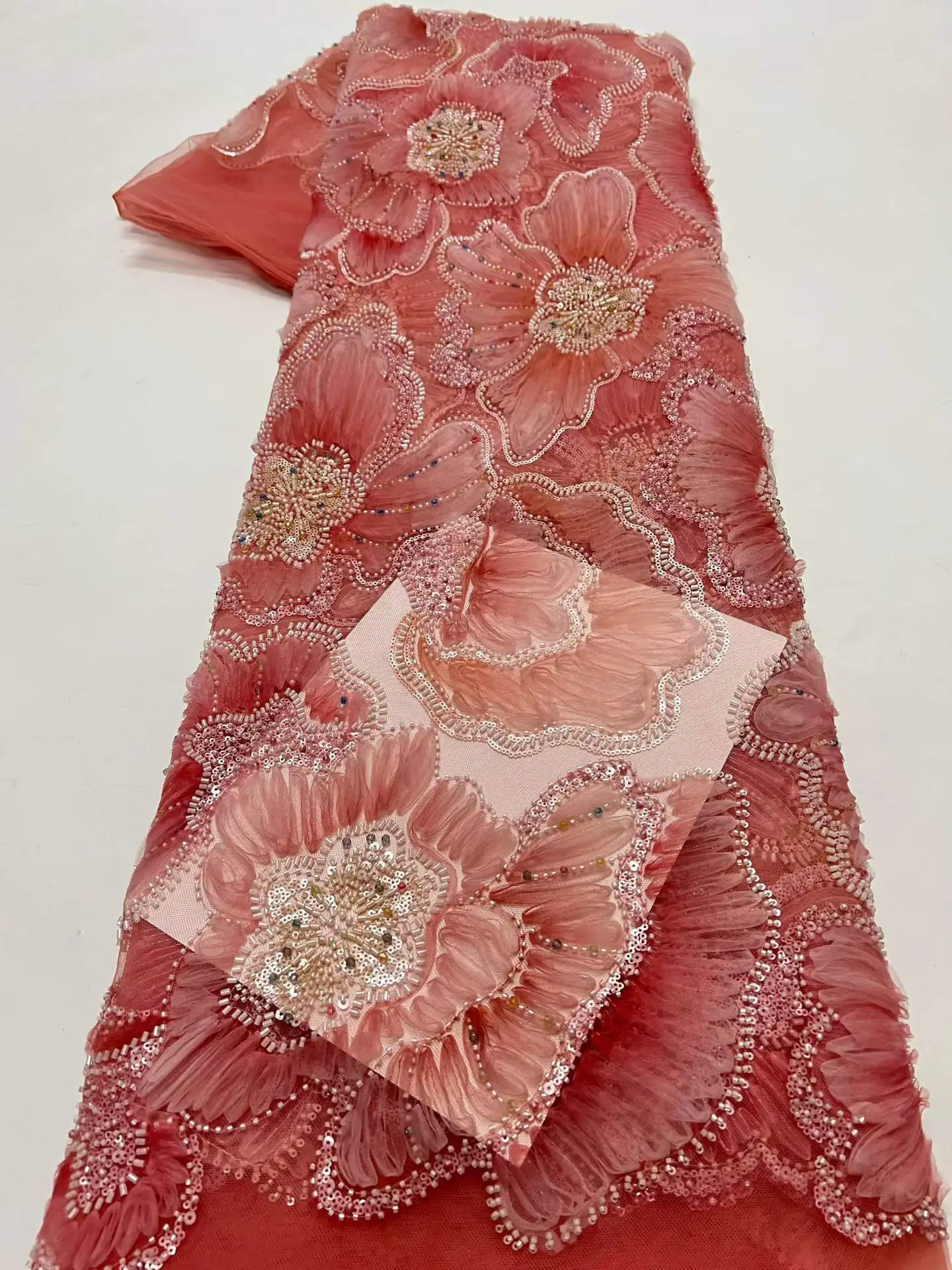 

Latest French 3D Sequins lace Fabric 2026 high Quality Nigerian Beads Lace Fabric For wedding Party Dress Sewing 5 Yards
