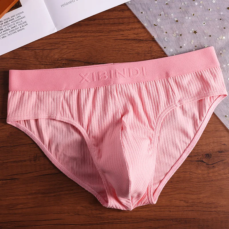 Men's Sexy Bule Brief Ribbed Cotton Breathable Comfort Sweat Absorption Sports Underpants Male Low-rise U Convex Pouch Underwear