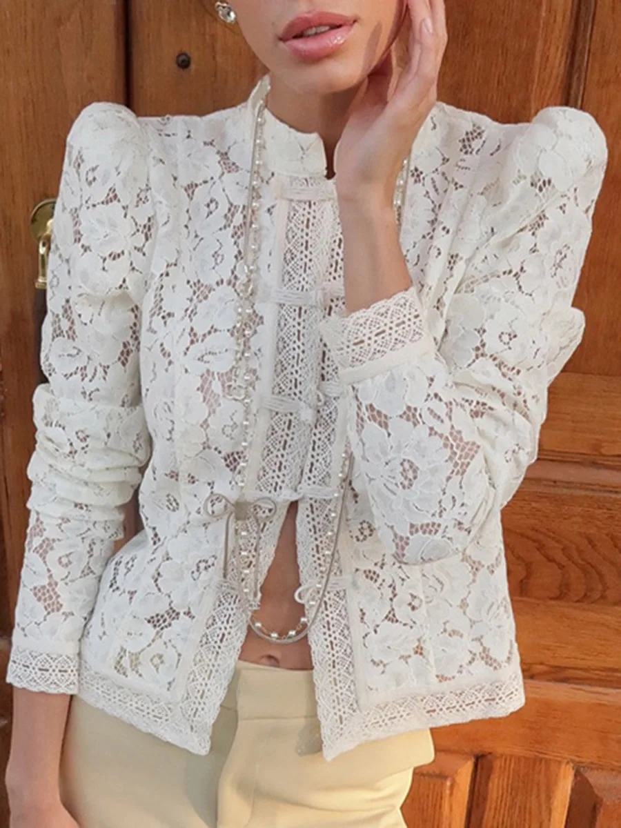 

Onecozyday Women's White Floral Lace Jacket Mandarin Collar Frog Button Long Sleeve Sheer Blazer 2026 Elegant Thin Coat