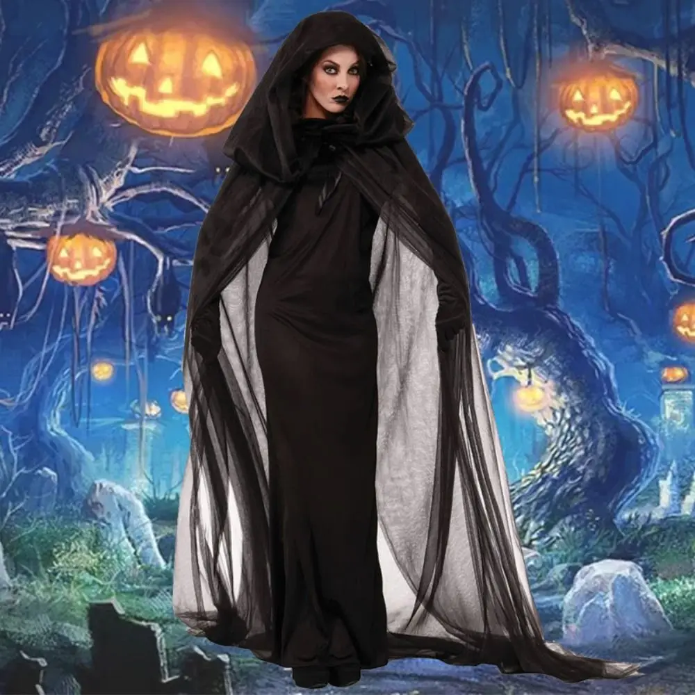 

Fashion Transparent Mesh Ghost Cloak Dress Up Cosplay Women Halloween Costume Lace Up Accessories Hooded Cloak Party